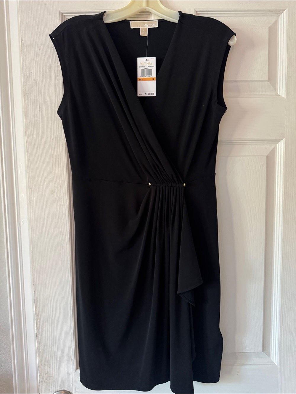 Michael Kors Black Faux-Wrap Midi Dress with Side Drape